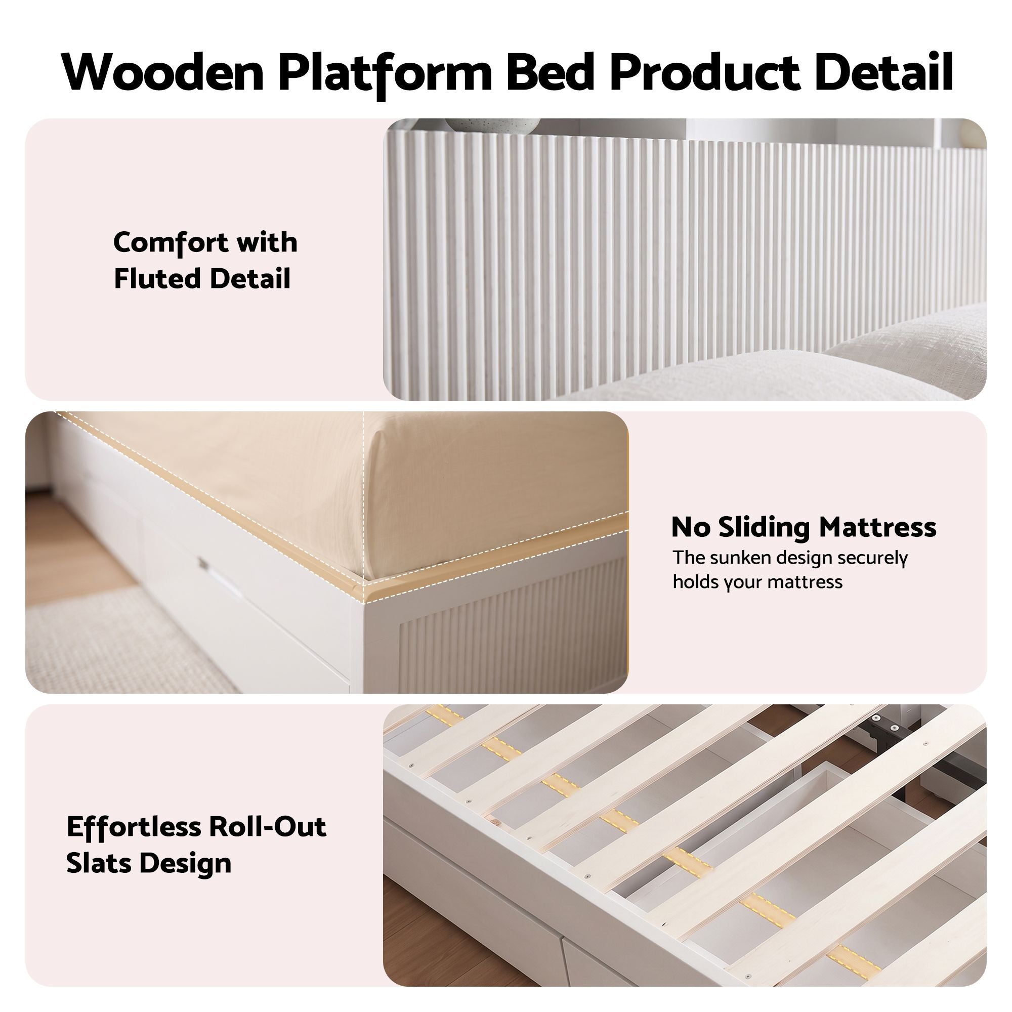 King Single Bed Frame with 4 Storage Drawers, USB Ports & Night Light - White