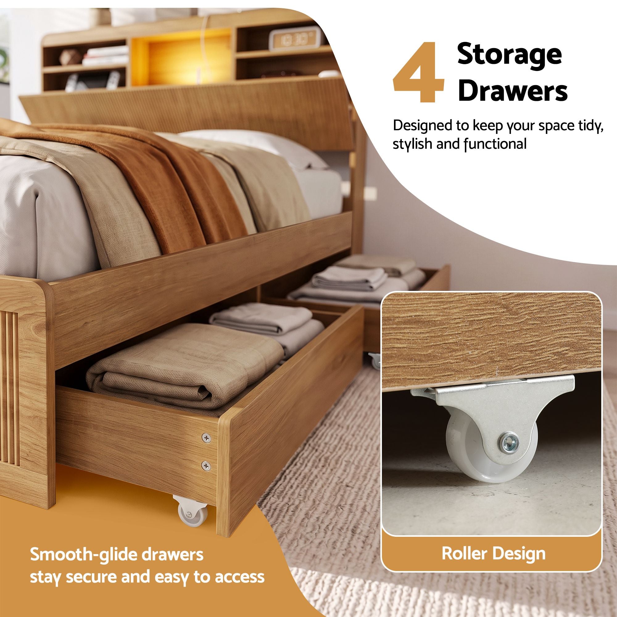 King Single Bed Frame with 4 Storage Drawers, USB Ports & Night Light - Natural