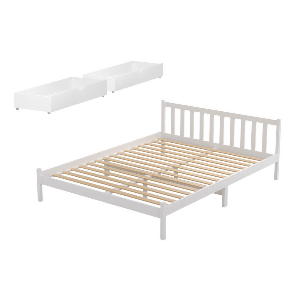 Somerleigh Double Bed Frame with Two Storage Drawers – White pine frame with slatted base and removable underbed drawers