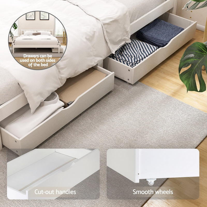 Somerleigh Queen Bed Frame with Two Storage Drawers – White solid pine with cut-out handles and smooth wheels in bedroom setting
