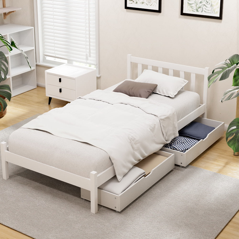 Single Package | Somerleigh Bed Frame with Storage Drawers White & Glay Bonnell Spring Mattress (Medium Firm)