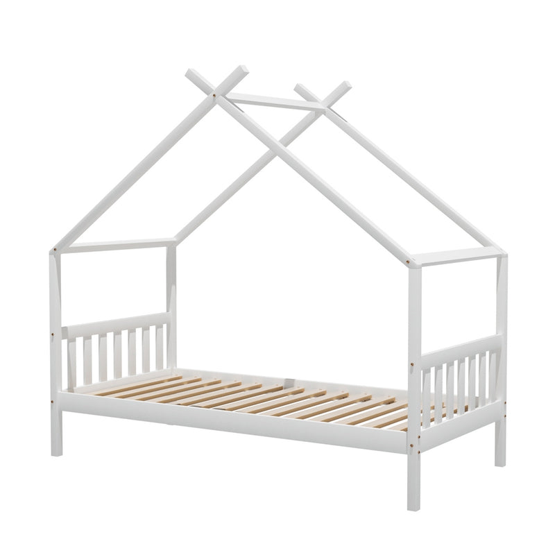 Single Size House Bed Frame for Kids – Montessori Style (White) with wooden slats and pitched roof design