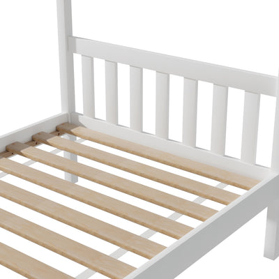 Single Size House Bed Frame for Kids – Montessori Style (White) with slatted wooden base and vertical slat headboard, Bedzy bedroom furniture.