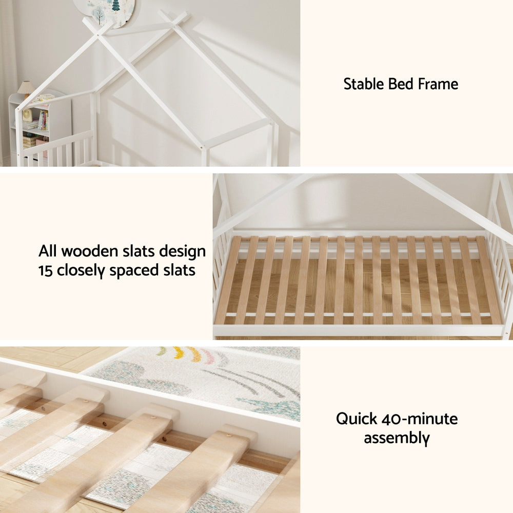 Single Size House Bed Frame for Kids – Montessori Style (White) with wooden slats and stable house frame design