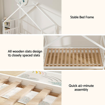 Single Size House Bed Frame for Kids – Montessori Style (White) with wooden slats and stable house frame design