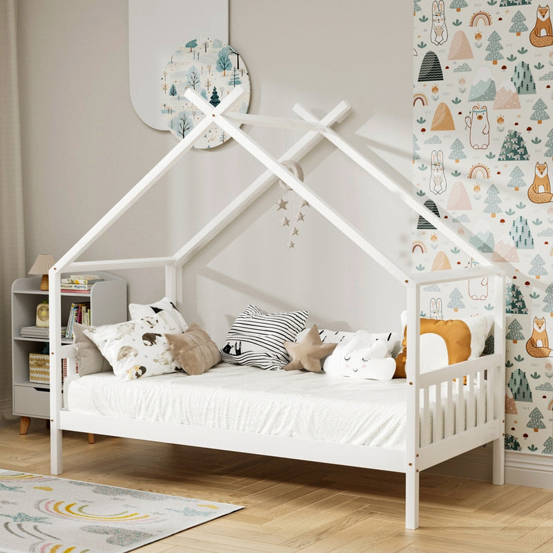 Single Size House Bed Frame for Kids – Montessori Style (White) with decorative pillows in a child's bedroom setting
