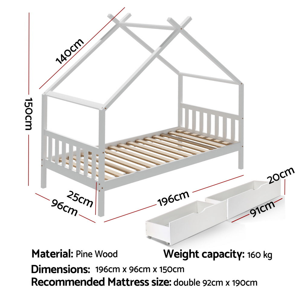 Single Size House Bed Frame with Storage Drawers – Montessori Style (White)