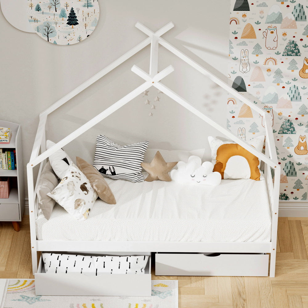 Single Size House Bed Frame with Storage Drawers – Montessori Style (White)