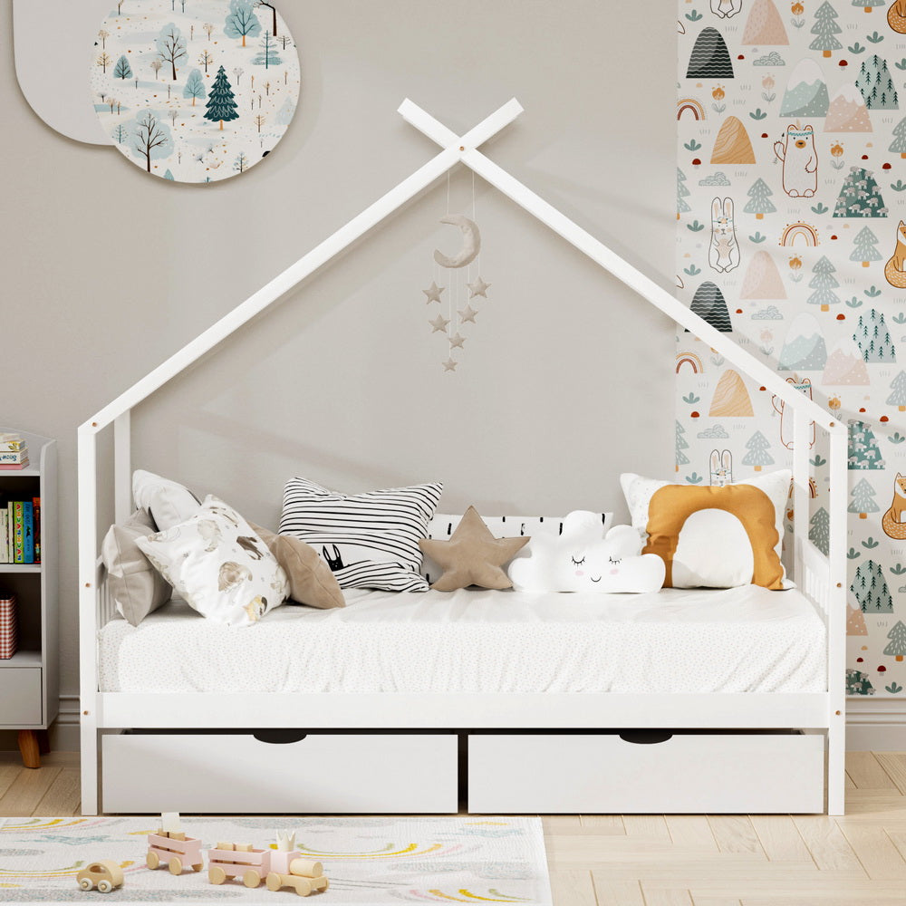 Single Size House Bed Frame with Storage Drawers – Montessori Style (White)