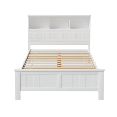 Flinders White Pine Storage Bed Frame – Double with white finish, wooden slats, and built-in shelving headboard in bright bedroom setting