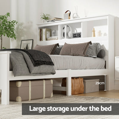 Flinders White Pine Storage Bed Frame – Double with built-in shelving headboard and spacious under-bed storage in white pine.