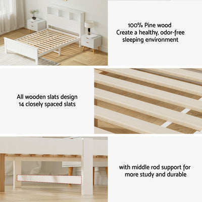 Flinders White Pine Storage Bed Frame – Double with 14 wooden slats, middle rod support, and crisp white pine finish
