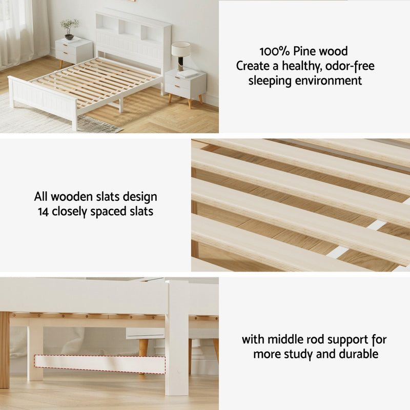 Flinders White Pine Storage Bed Frame – Double with 14 wooden slats, middle rod support, and crisp white pine finish