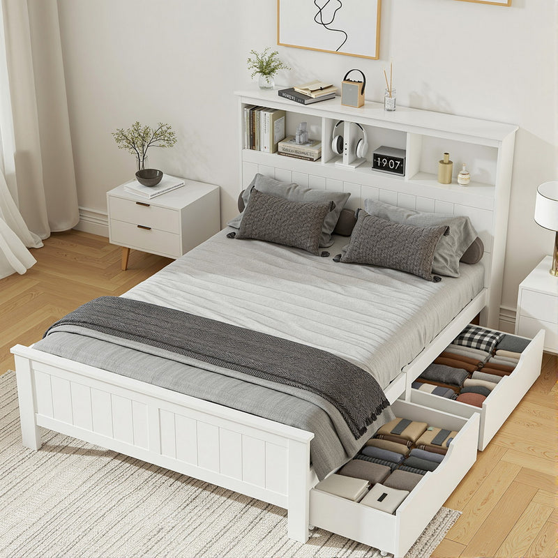 Flinders White Pine Storage Bed Frame with Storage Drawers – Double bed with grey bedding and open under-bed drawers in bright bedroom