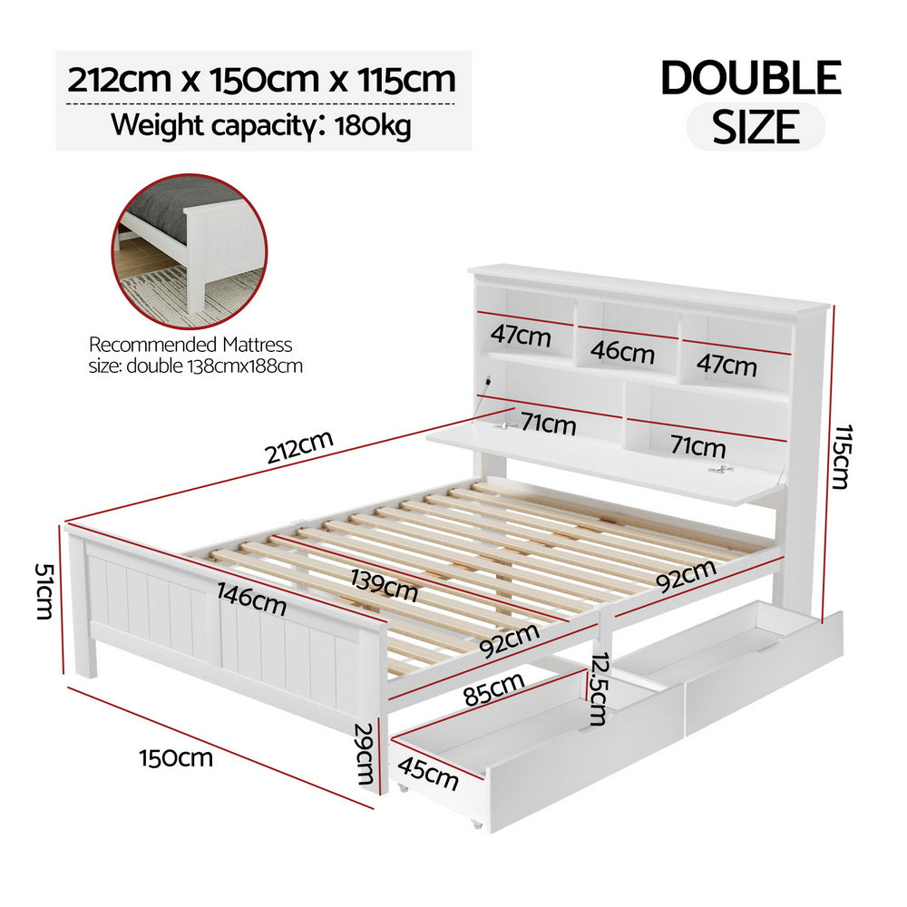 Flinders White Pine Storage Bed Frame with Storage Drawers – Double, solid pine, white finish, storage drawers, bedroom furniture