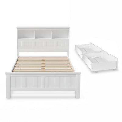Flinders White Pine Storage Bed Frame with Storage Drawers – Double with wooden slats and white finish, shown with storage drawers