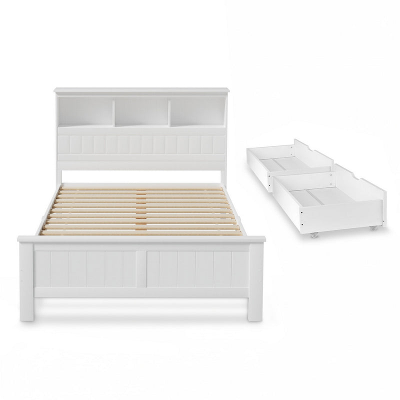 Flinders White Pine Storage Bed Frame with Storage Drawers – Double with wooden slats and white finish, shown with storage drawers