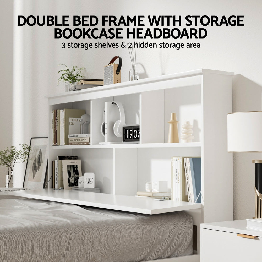 Flinders White Pine Storage Bed Frame with Storage Drawers – Double with bookcase headboard and multiple storage compartments