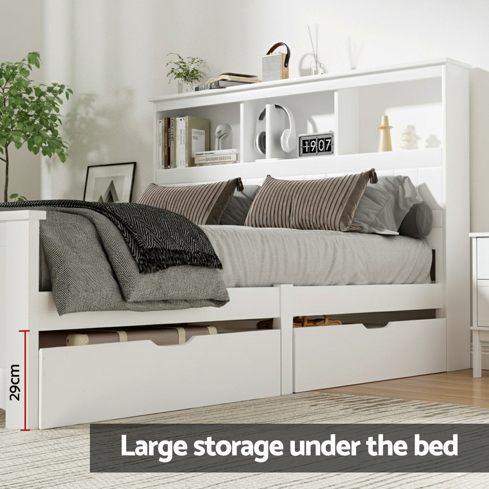 Flinders White Pine Storage Bed Frame with Storage Drawers – Double in white with built-in underbed storage drawers and shelves
