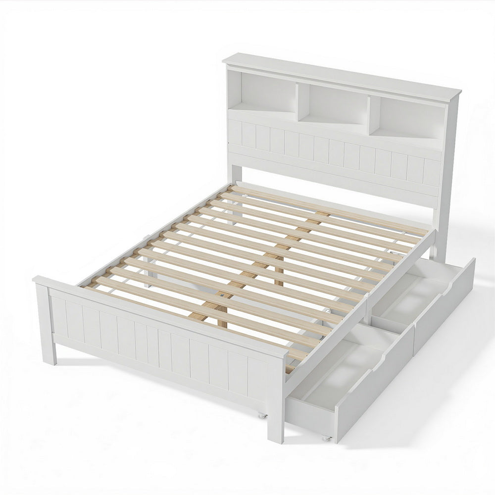 Flinders White Pine Storage Bed Frame with Storage Drawers – Double with wooden slats and built-in underbed drawers on white background