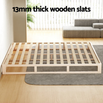 Kalam Minimalist Solid Pinewood Bed Frame - King with 13mm thick wooden slats in a bright modern room setting
