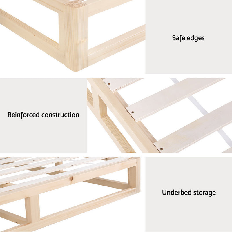 Kalam Minimalist Solid Pinewood Bed Frame - King showing reinforced construction, safe edges, and underbed storage features