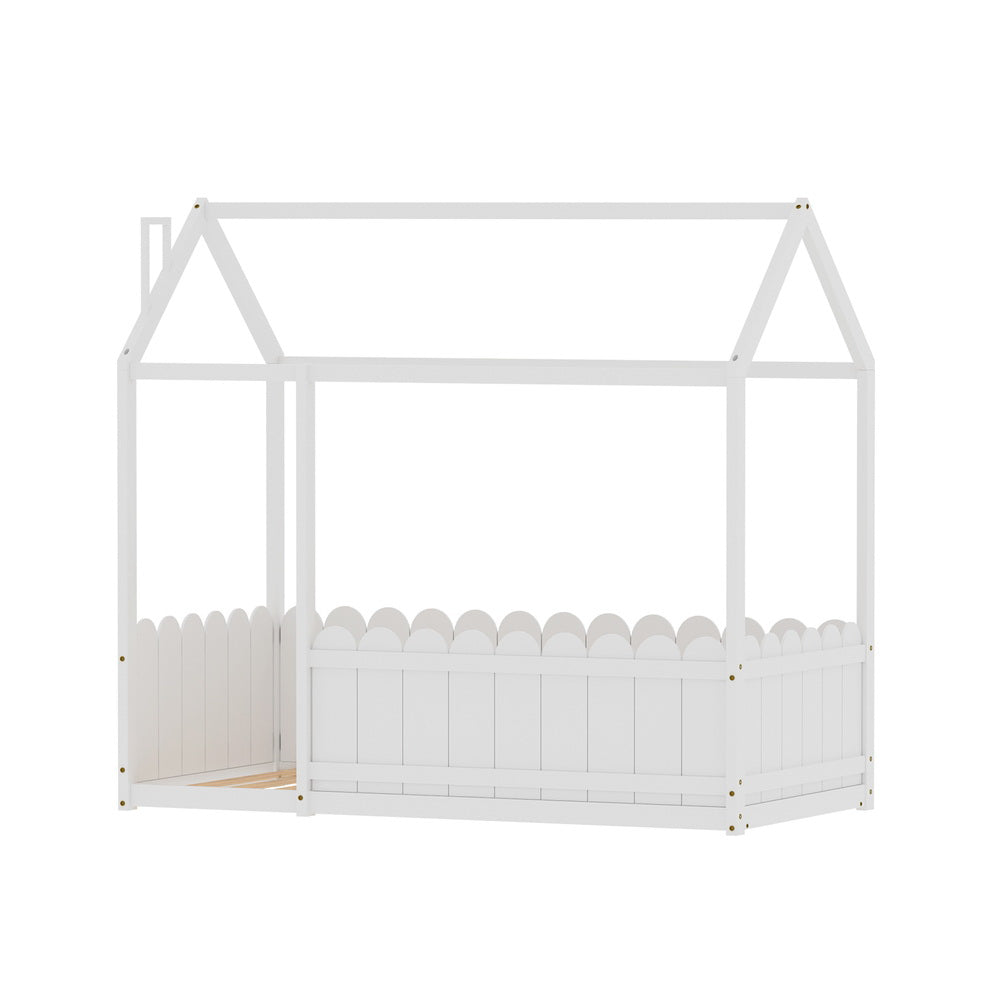 Kori House Shaped Single Wooden Bed Frame White with solid pine wood structure and house-style frame for kids bedroom furniture.