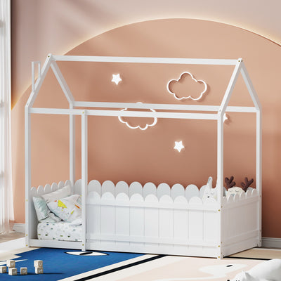 Kori House Shaped Single Wooden Bed Frame White with solid pine wood, enclosed fence design, and playful bedroom setting