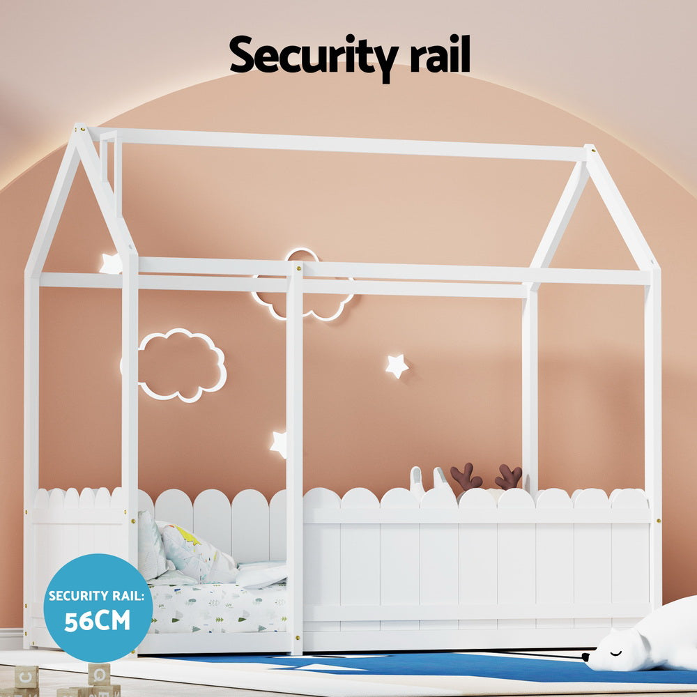 Kori House Shaped Single Wooden Bed Frame White with 56cm security rail and decorative fence design, indoor bedroom furniture