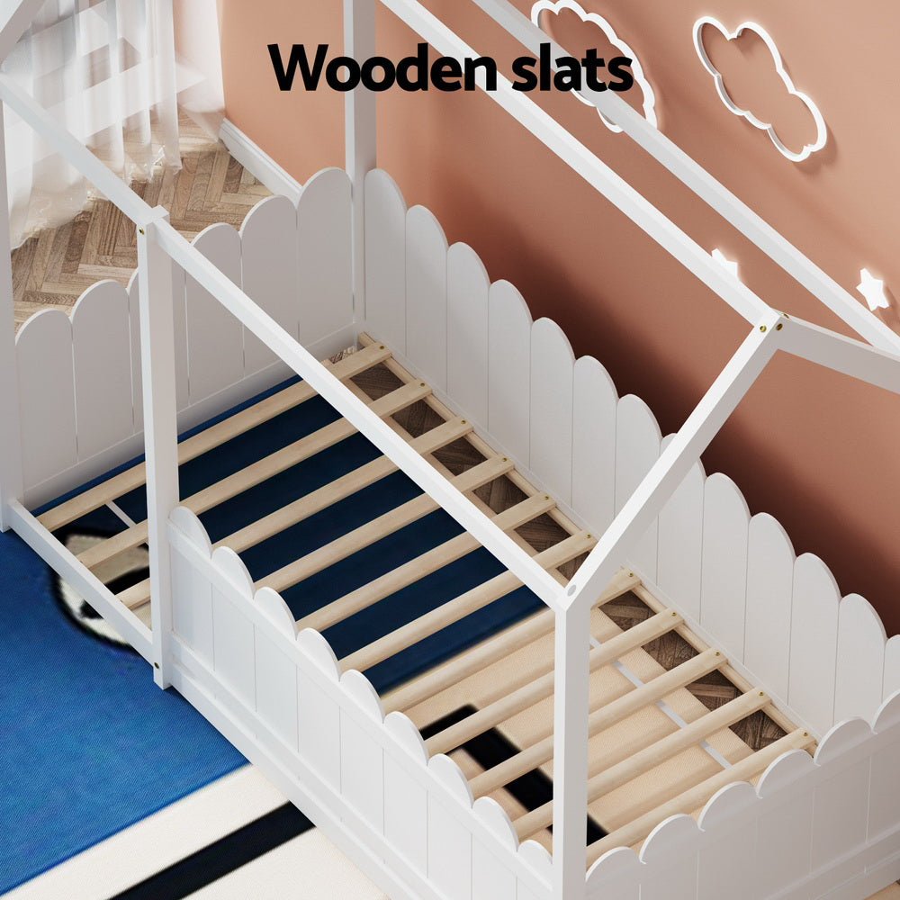 Kori House Shaped Single Wooden Bed Frame White with solid pine wooden slats and decorative roof design for kids bedroom furniture