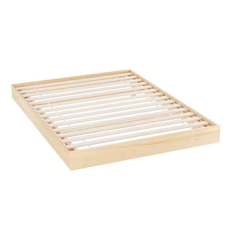 Odin Double Floating Style LED Solid Pinewood Bed Frame with wooden slats and natural pine finish on white background