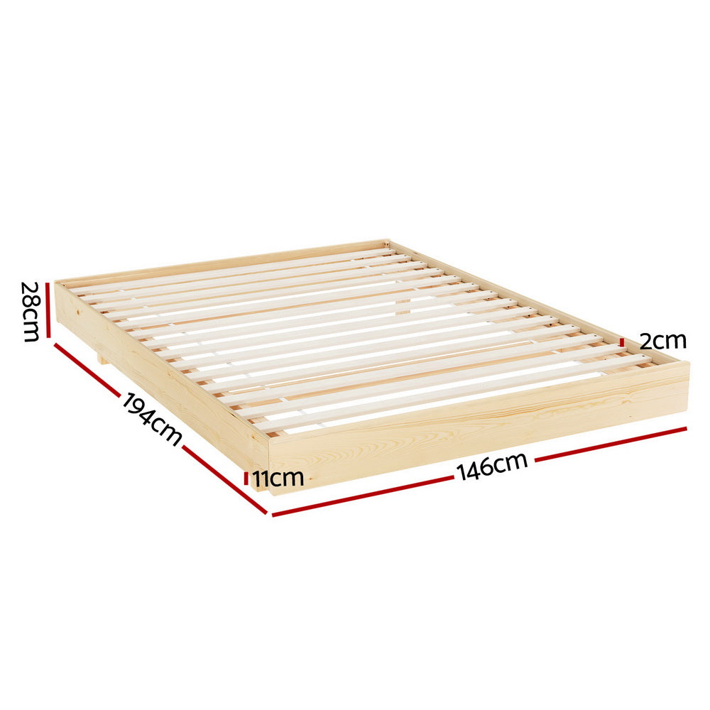 Odin Double Floating Style LED Solid Pinewood Bed Frame with wooden slats and natural pine finish shown with dimensions on white background