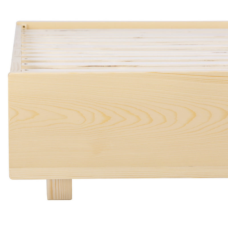 Odin Double Floating Style LED Solid Pinewood Bed Frame side view showing natural wood grain and wooden slats