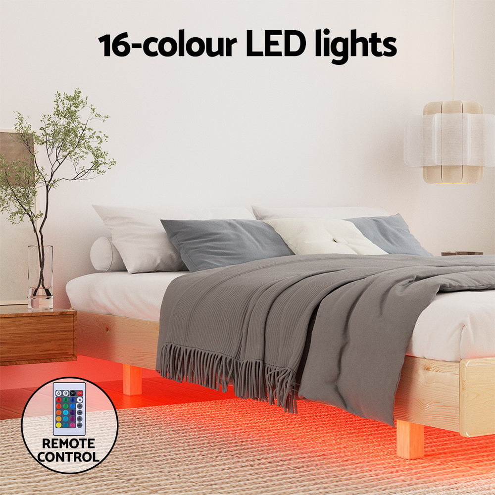 Odin Double Floating Style LED Solid Pinewood Bed Frame