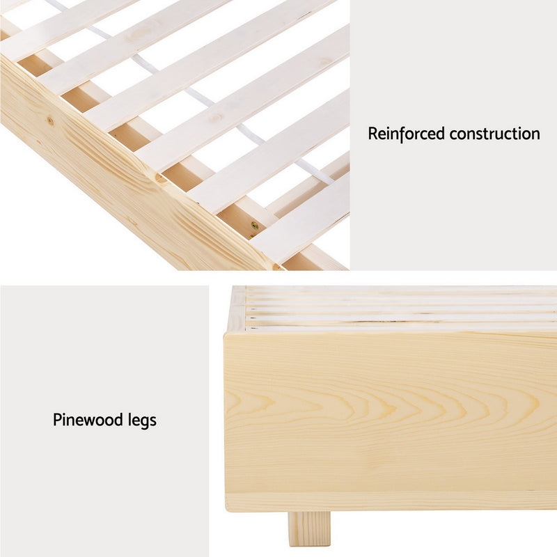 Odin Double Floating Style LED Solid Pinewood Bed Frame with reinforced wooden slats and pinewood legs in natural finish