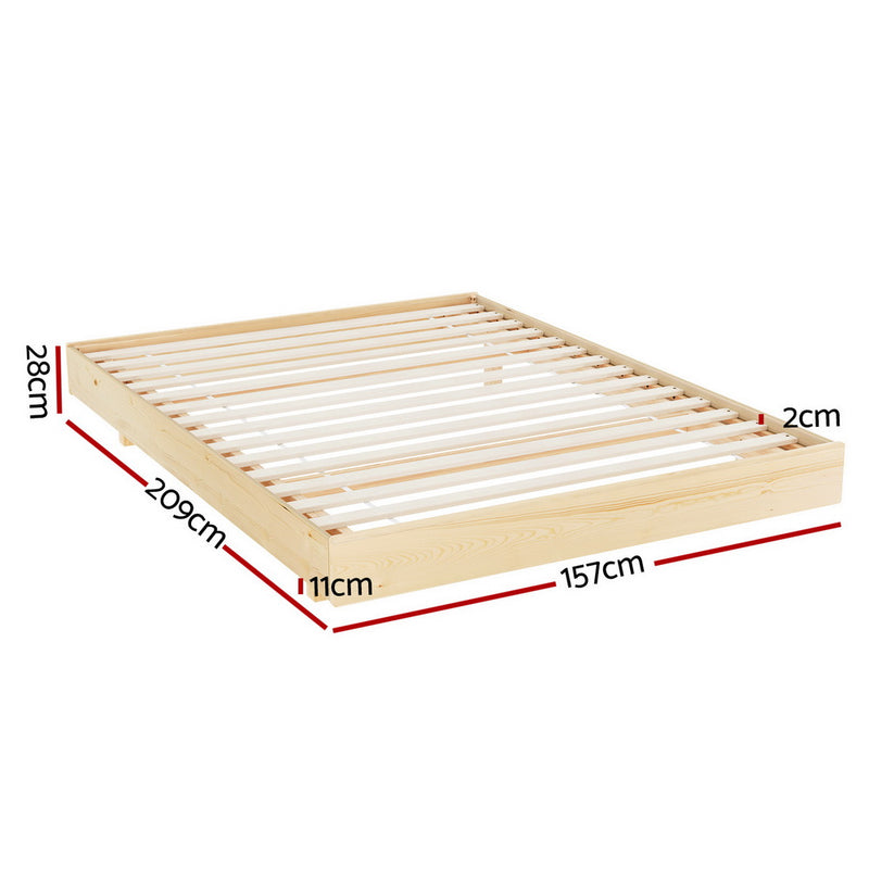 Queen Package | Odin Floating Style LED Pinewood Bed Frame & Bonita Pillow Top Mattress with wooden slats and measurements shown