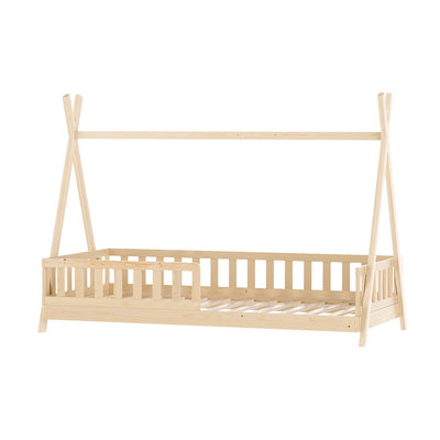 Teepee Style Pine Wood Single Bed Frame Oak with safety rails and slatted base, kid-friendly bedroom furniture by Bedzy