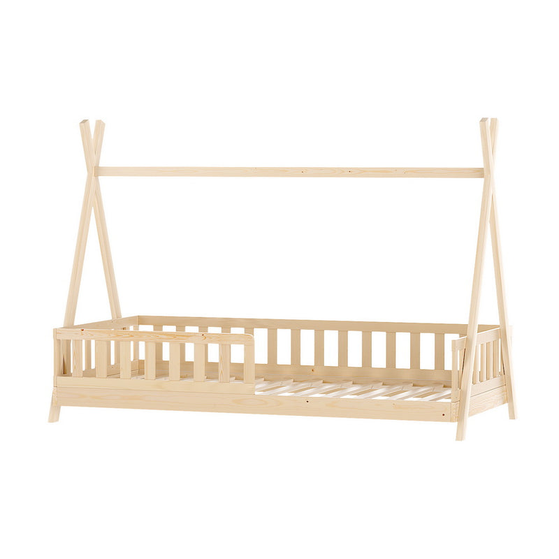 Teepee Style Pine Wood Single Bed Frame Oak with safety rails and slatted base, kid-friendly bedroom furniture by Bedzy