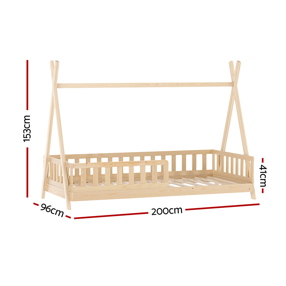 Teepee Style Pine Wood Single Bed Frame Oak with safety rails and slatted base, shown with dimensions on white background