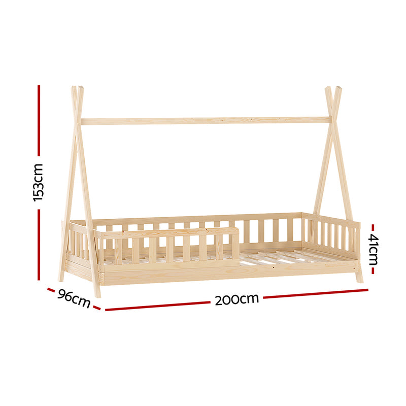 Teepee Style Pine Wood Single Bed Frame Oak with safety rails and slatted base, shown with dimensions on white background