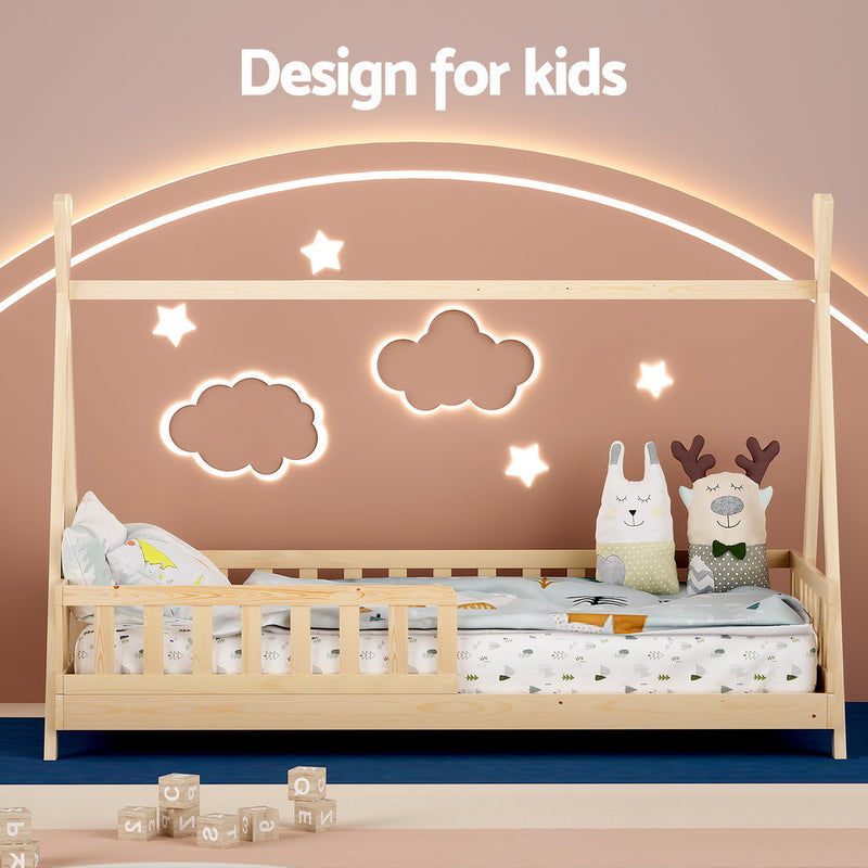 Teepee Style Pine Wood Single Bed Frame Oak with kid-friendly design and wooden slats for bedroom furniture by Bedzy