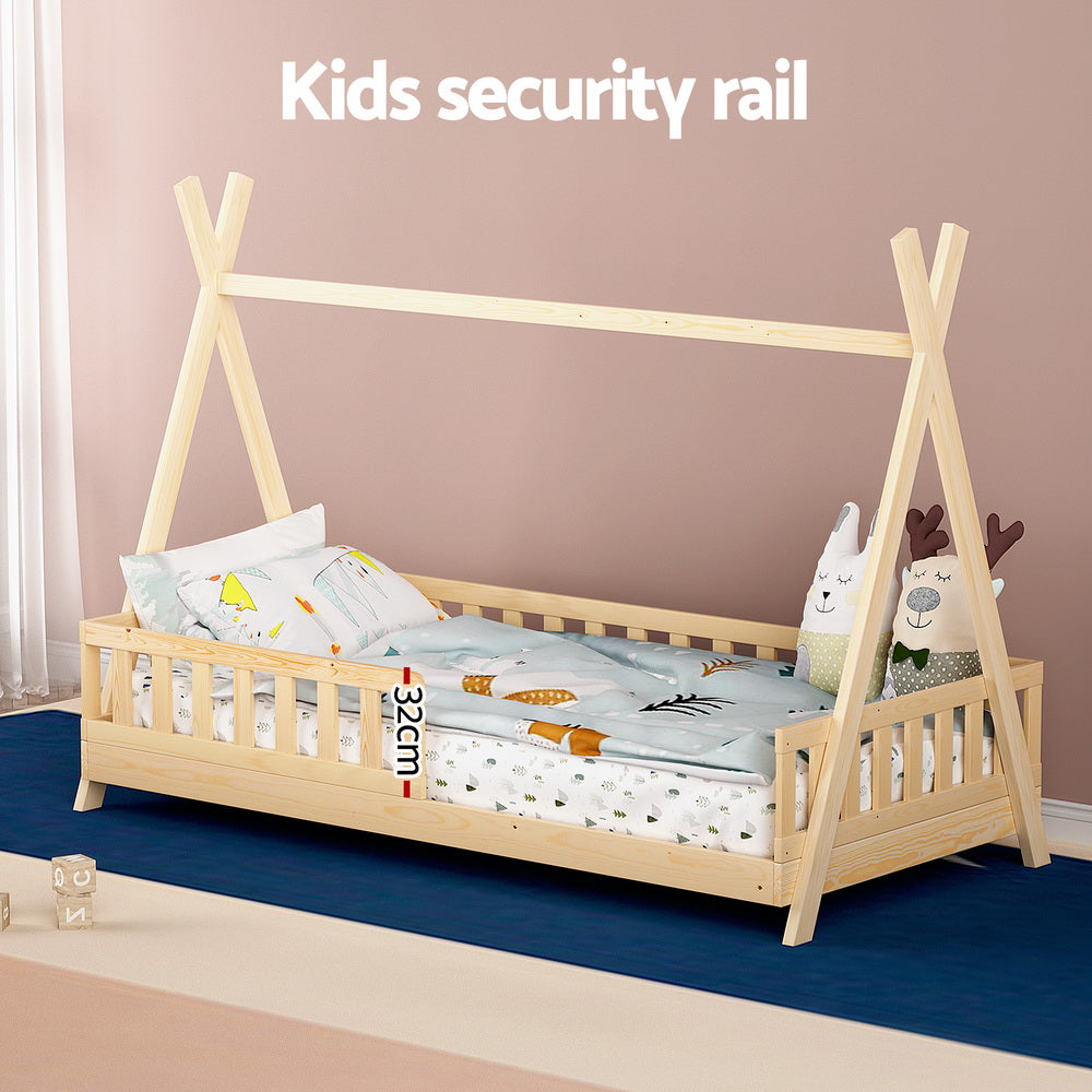 Teepee Style Pine Wood Single Bed Frame Oak with kids security rail, mattress, pillows, and plush toys in bedroom setting
