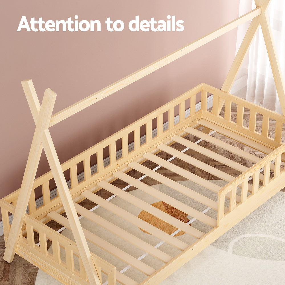 Teepee Style Pine Wood Single Bed Frame Oak with wooden slats and safety rails in a child-friendly bedroom setting