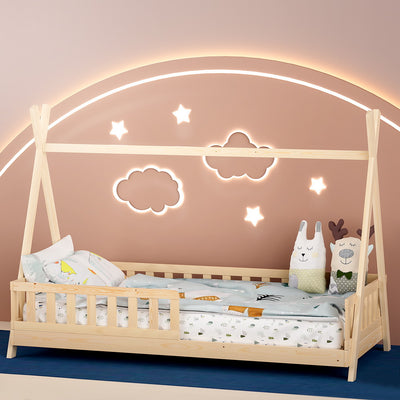Teepee Style Pine Wood Single Bed Frame Oak with rounded edges and wooden slats, shown in children's bedroom setting