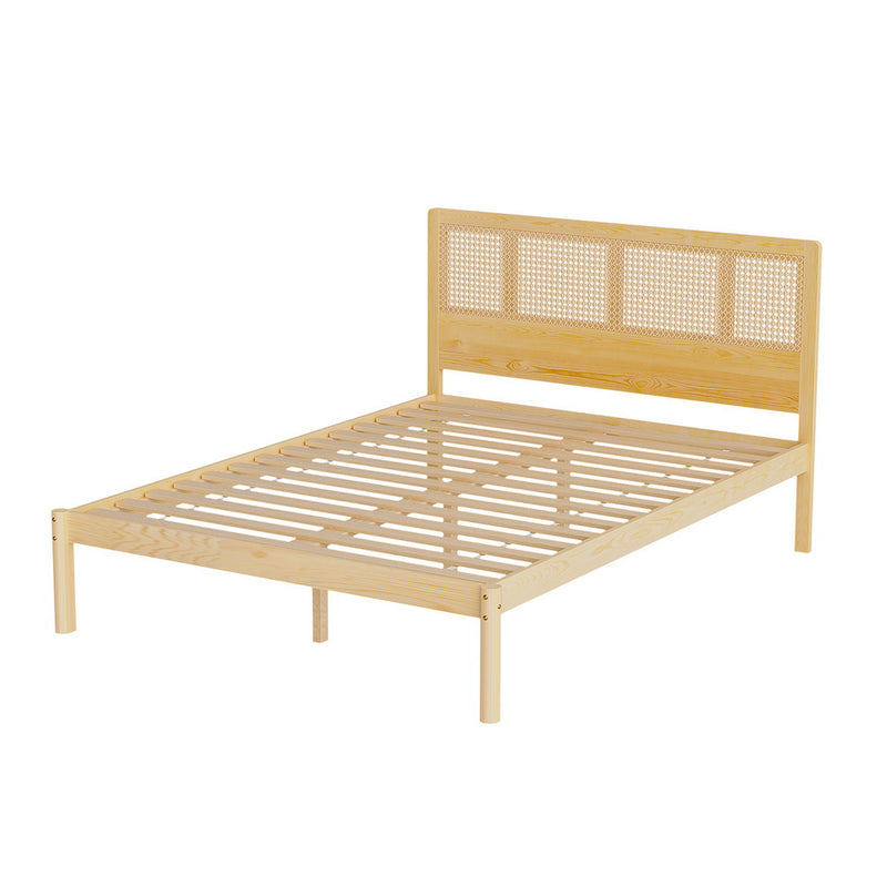 Rita Rattan Double Wooden Bed Frame Pine with rattan headboard and wooden slats, modern bedroom furniture by Bedzy