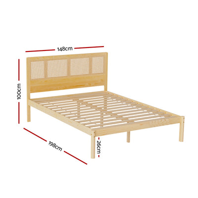 Rita Rattan Double Wooden Bed Frame Pine with rattan headboard and wooden slats, shown with dimensions on white background