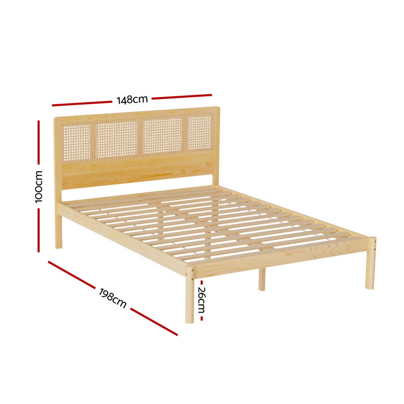 Rita Rattan Double Wooden Bed Frame Pine with rattan headboard and wooden slats, shown with dimensions on white background