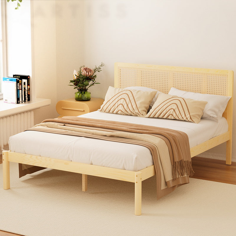 Rita Rattan Double Wooden Bed Frame Pine with rattan headboard, natural wood finish, styled in neutral bedroom setting