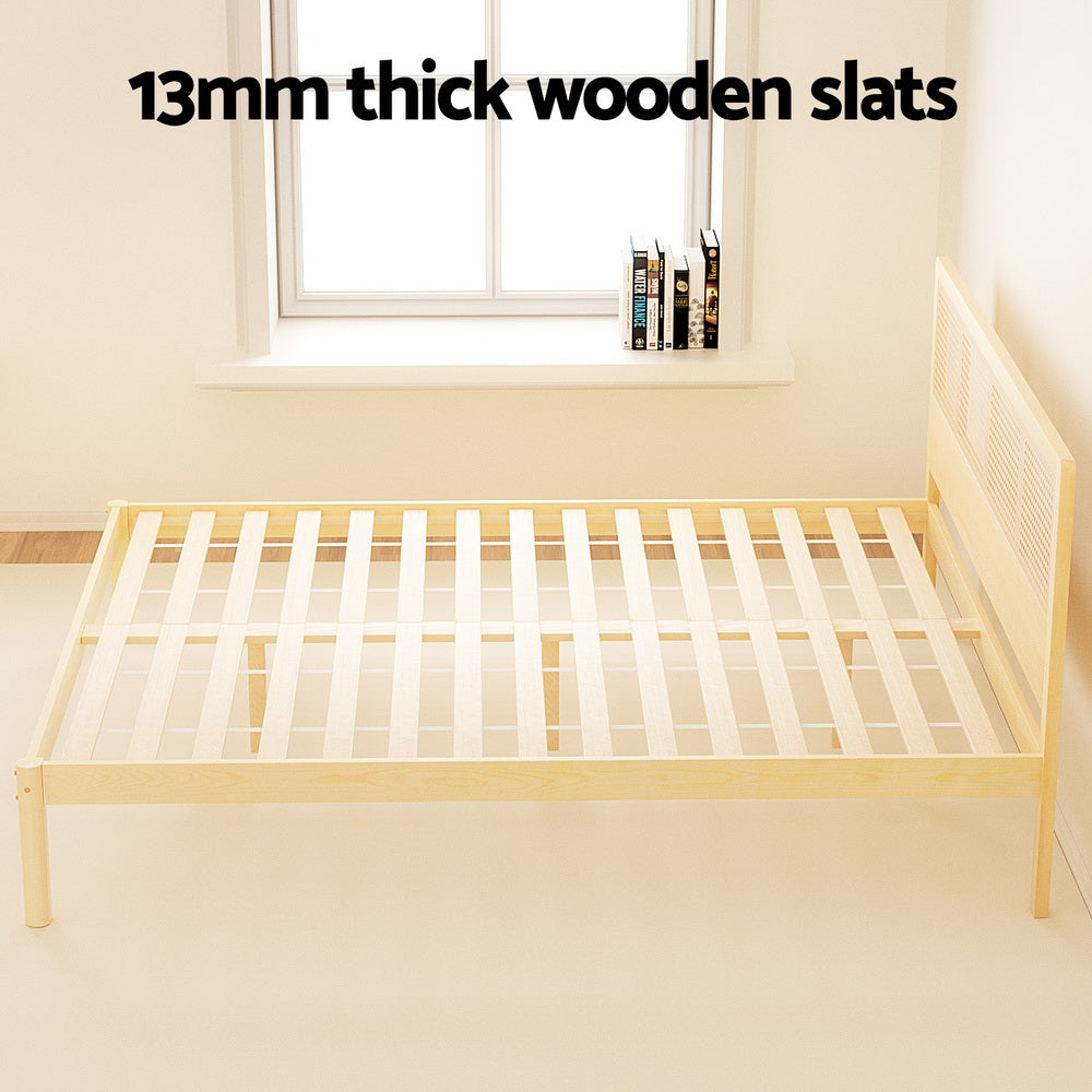 Rita Rattan Double Wooden Bed Frame Pine with 13mm thick wooden slats and rattan headboard in bright natural wood finish