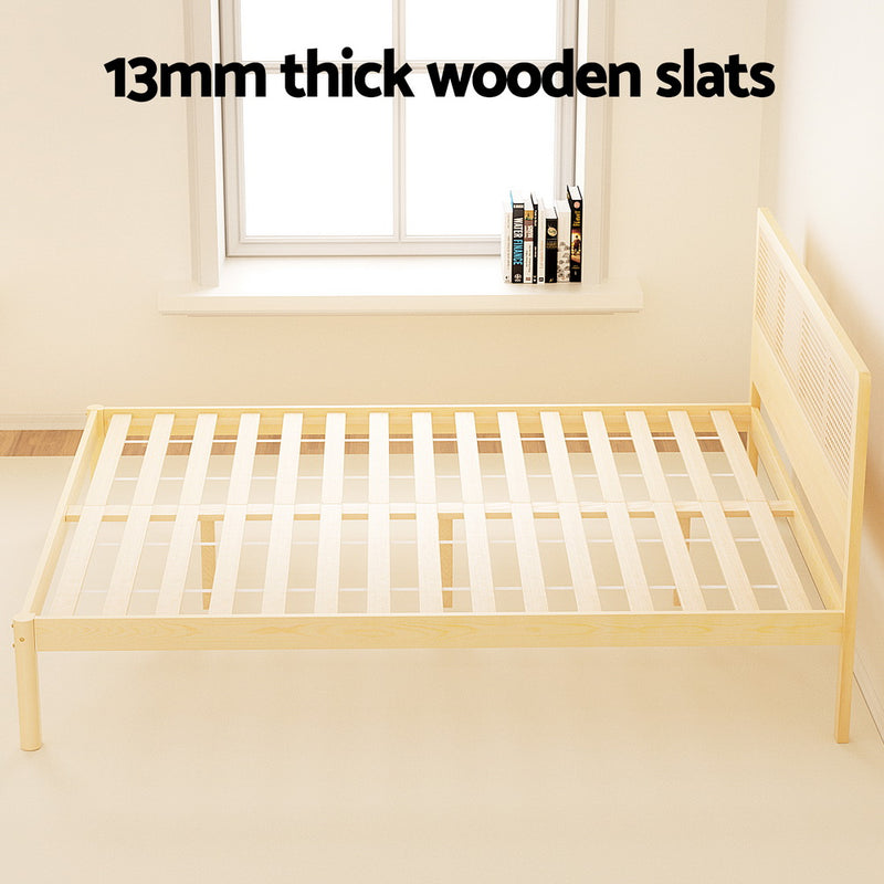 Rita Rattan Double Wooden Bed Frame Pine with 13mm thick wooden slats and rattan headboard in bright natural wood finish